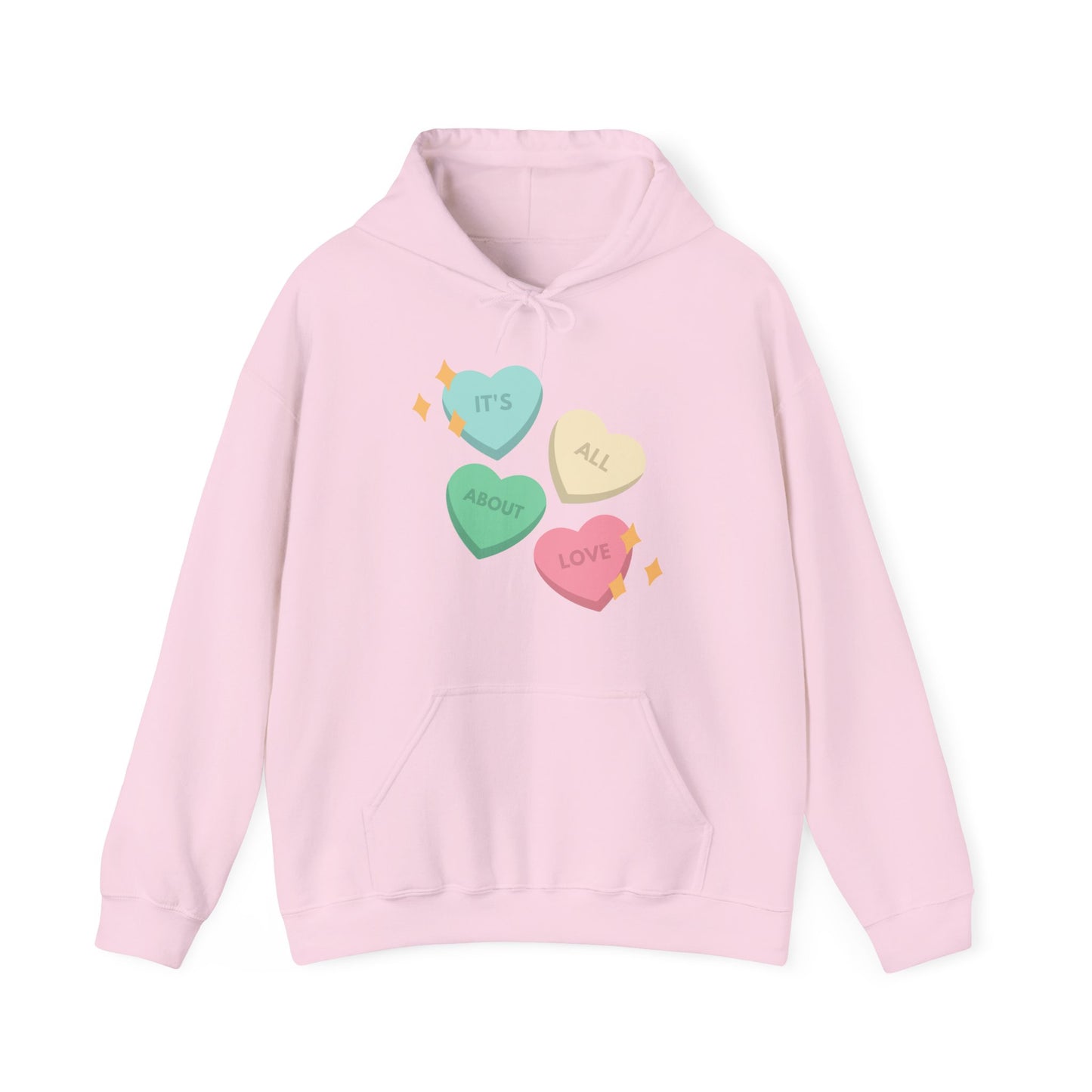 It's All About Love" Pastel Heart Hoodie | Retro Candy Style Sweatshirt | Aesthetic Love Graphic Pullover  Description:
