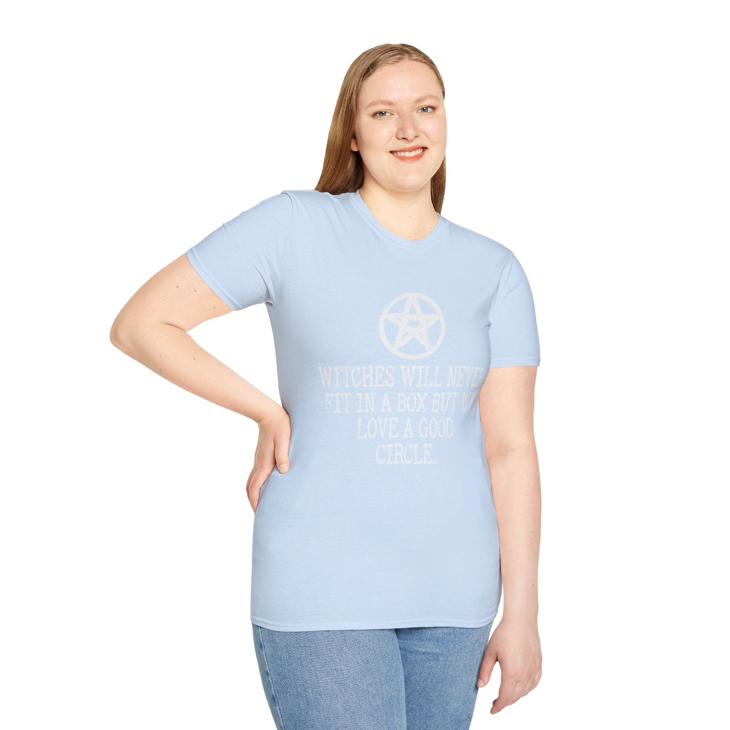 Witches Will Never Fit in a Box – Pentagram Circle Witchy T‑Shirt for Modern Coven Queens