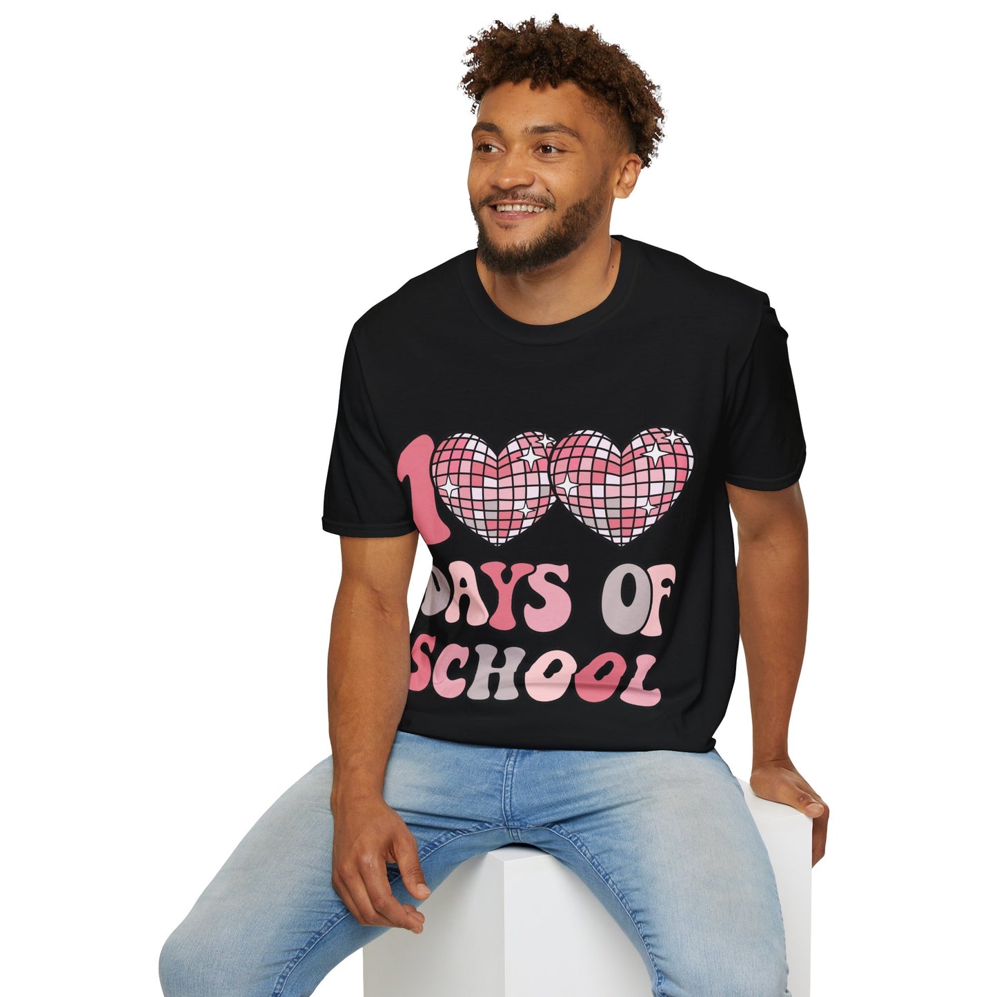 00 Days of School Shirt | Retro Pink Disco Hearts Tee | Vintage Bubble Letter Teacher & Student Top | Soft Ring-Spun Cotton Gift