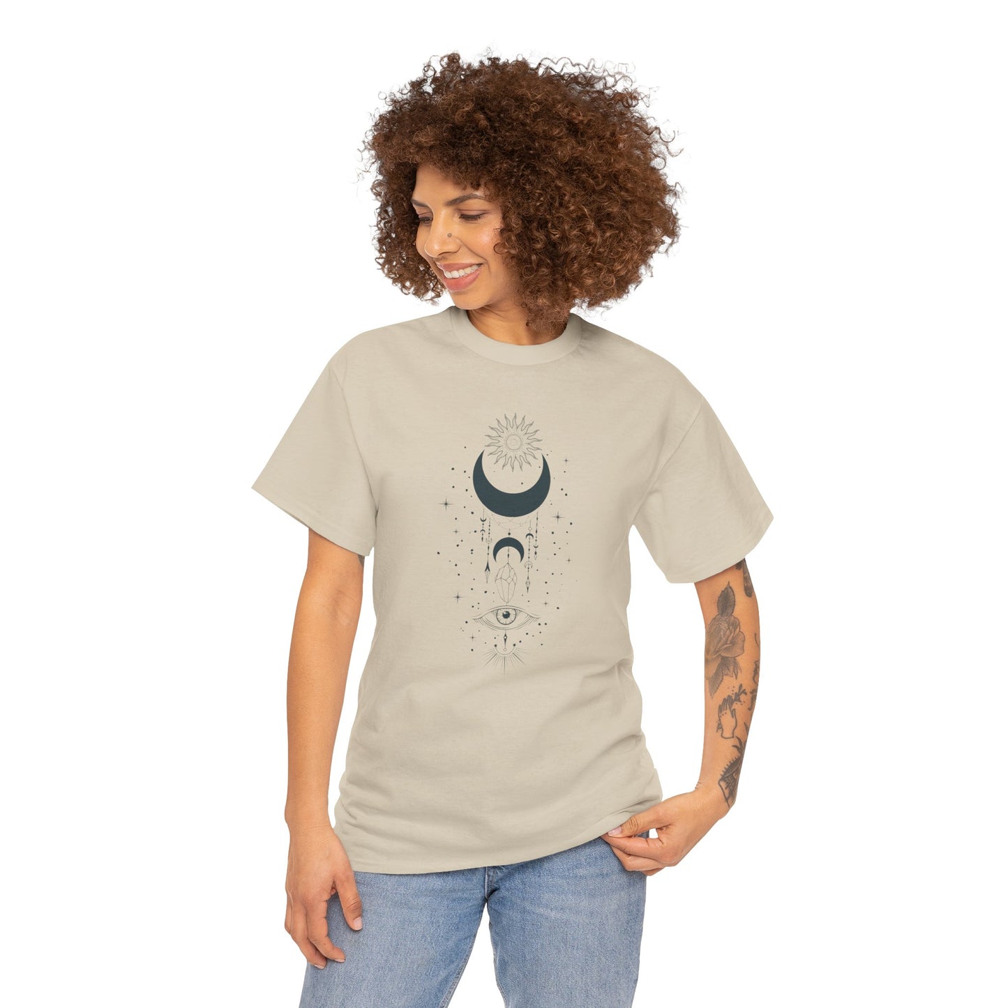 Celestial Moon & Sun Shirt | Boho Mystical Line Art Tee | Spiritual Astrology Gift | Heavy Cotton Unisex Top | Witchy Yoga T-Shirt