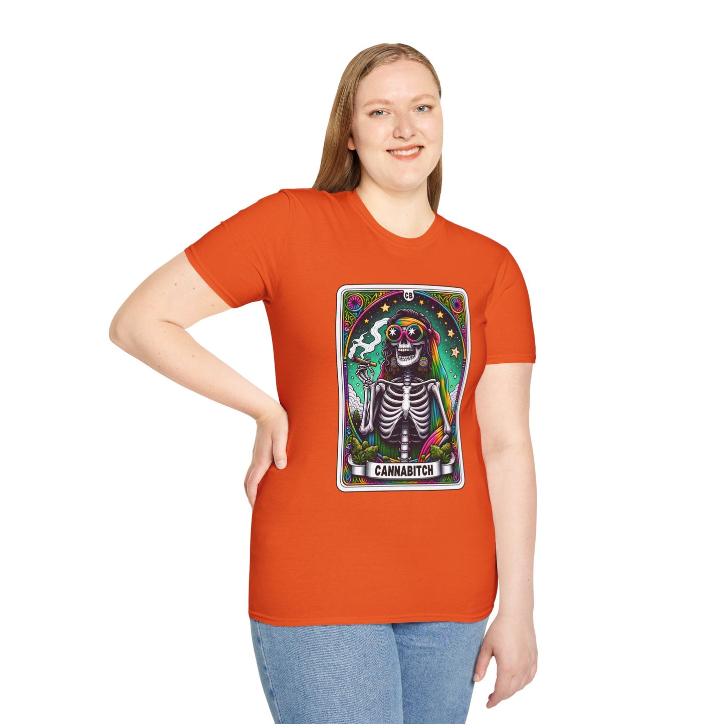 Psychedelic “Cannabitch” Tarot Skeleton T‑Shirt – Trippy Rainbow Weed Art for Stoner Queens