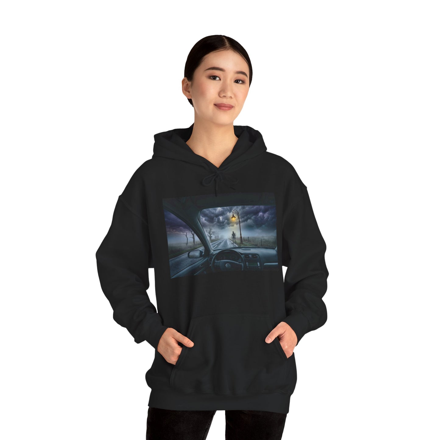 Roadside Encounter Hoodie | Eerie Figure on a Foggy Country Road