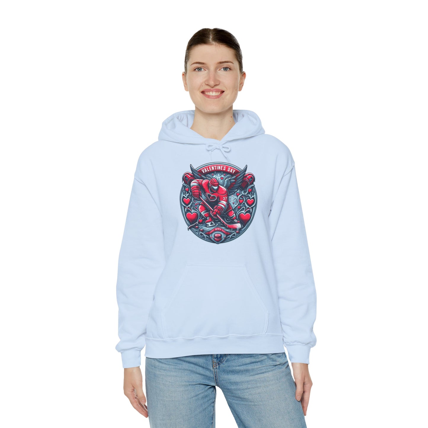 Valentines Day Hockey Hoodie, Romantic Sports Gift, Unisex Heart Hockey Graphic Pullover, Casual Comfortable Sporty Apparel