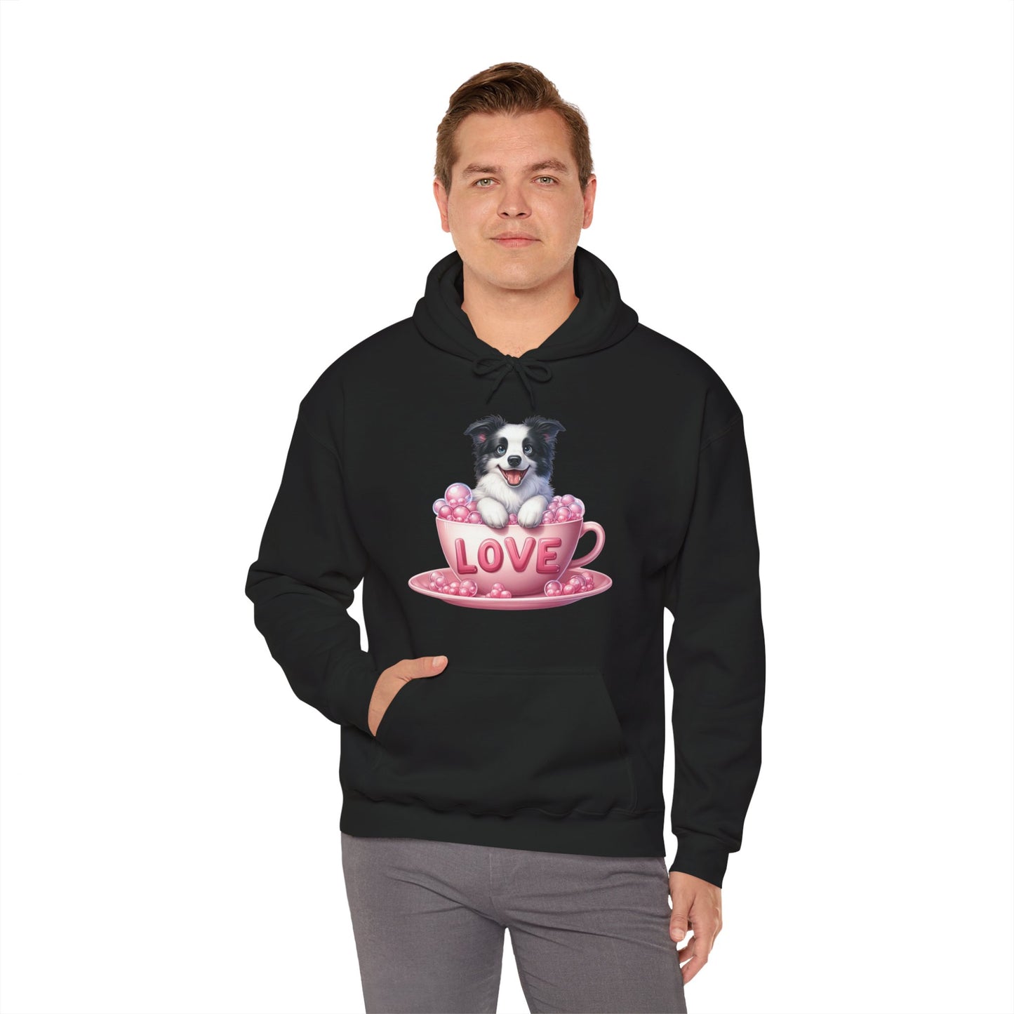 Viral Puppy Love Border Collie Hoodie - Cute Dog in Pink Cup Graphic Unisex Sweatshirt - Adorable Gift for Border Collie Lovers