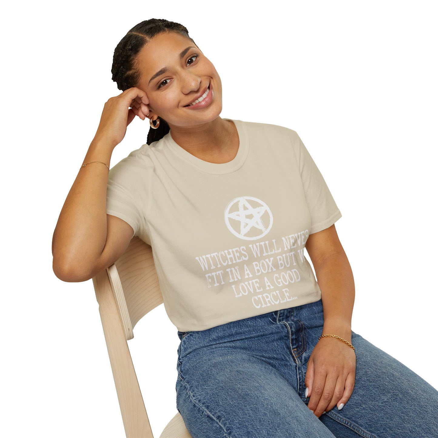 Witches Will Never Fit in a Box – Pentagram Circle Witchy T‑Shirt for Modern Coven Queens