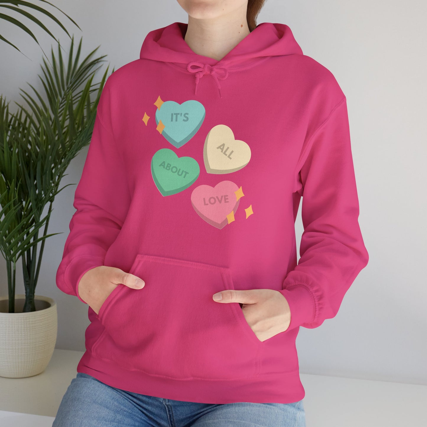 It's All About Love" Pastel Heart Hoodie | Retro Candy Style Sweatshirt | Aesthetic Love Graphic Pullover  Description:
