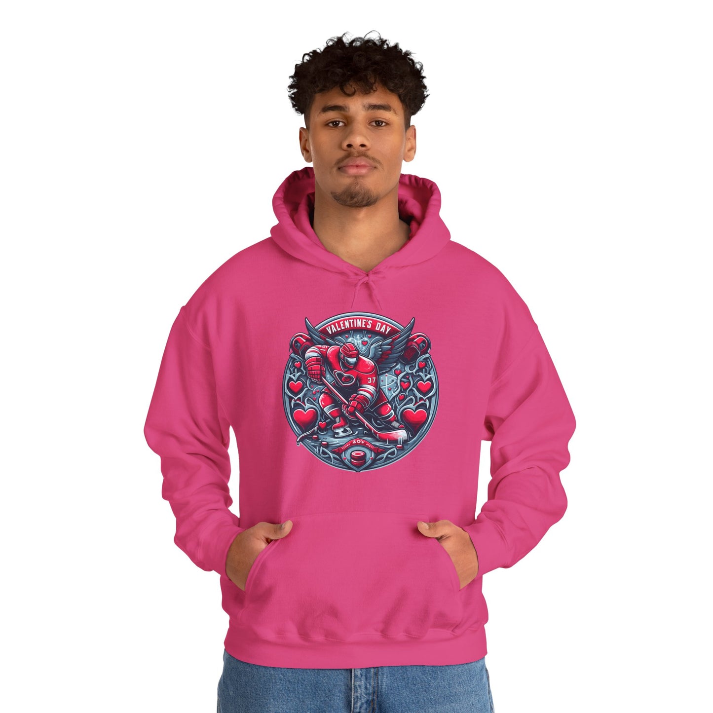 Valentines Day Hockey Hoodie, Romantic Sports Gift, Unisex Heart Hockey Graphic Pullover, Casual Comfortable Sporty Apparel