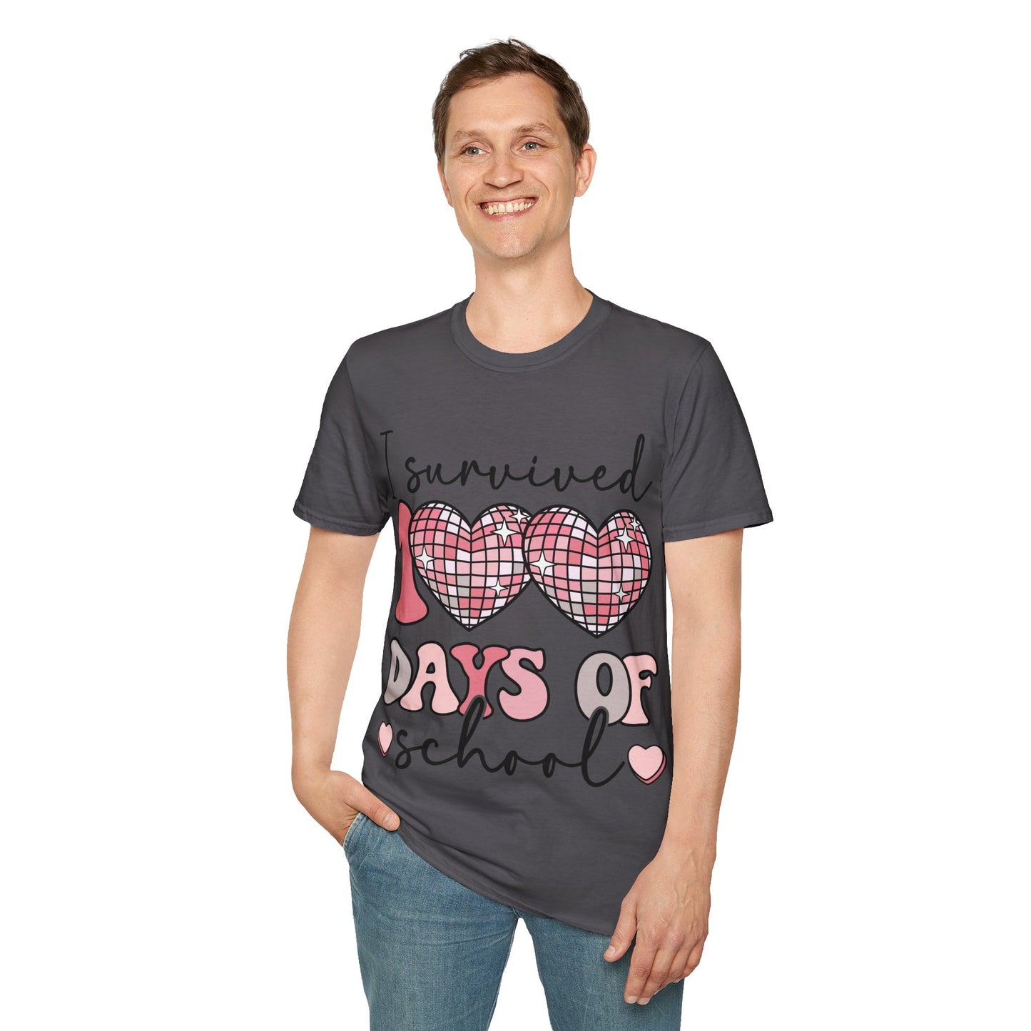 I Survived 100 Days of School Shirt | Funny Retro Disco Heart Tee | Pink 100th Day Teacher Gift | Humorous Student Outfit