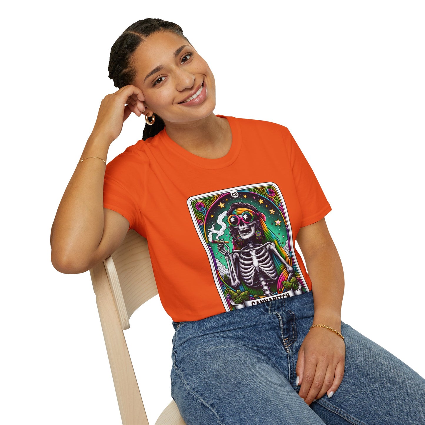 Psychedelic “Cannabitch” Tarot Skeleton T‑Shirt – Trippy Rainbow Weed Art for Stoner Queens