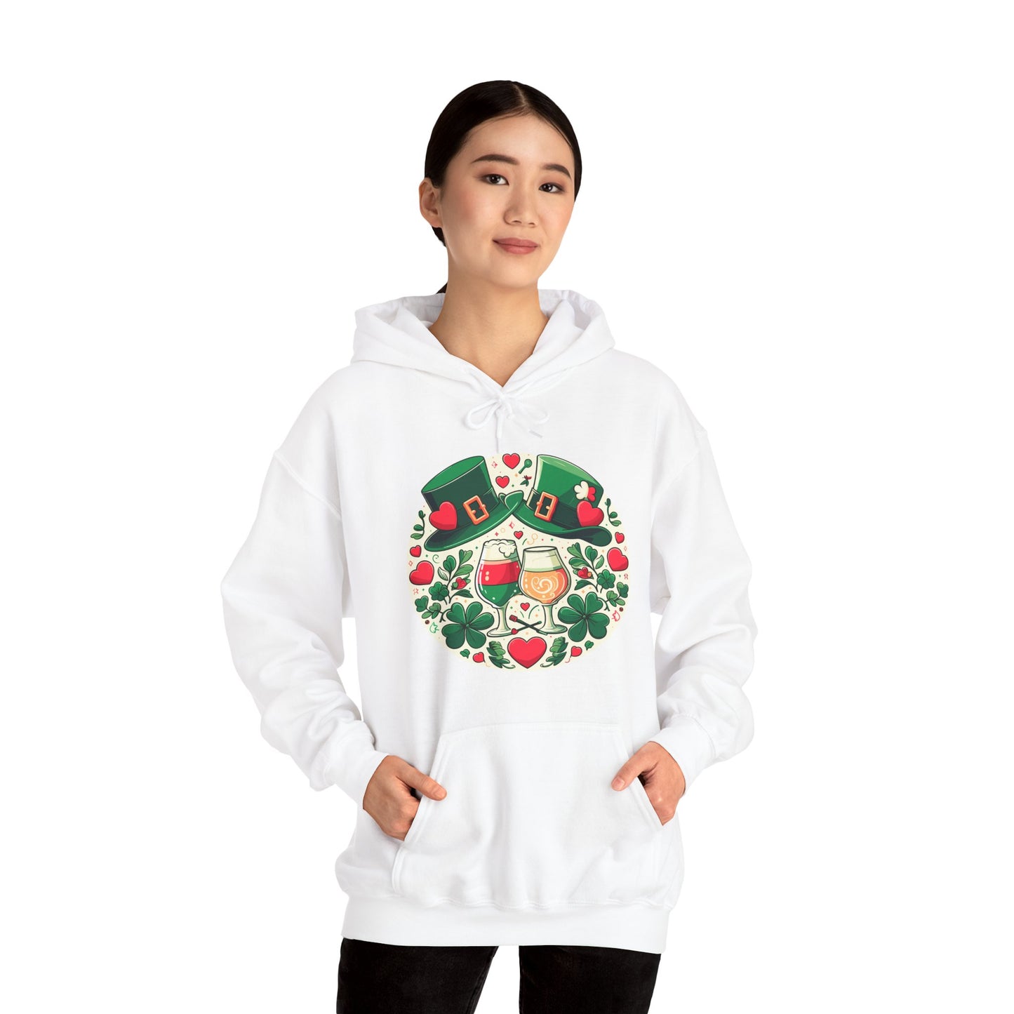 St. Patrick's Day Hoodie, Irish Celebration Beer Clover Heart Unisex Pullover