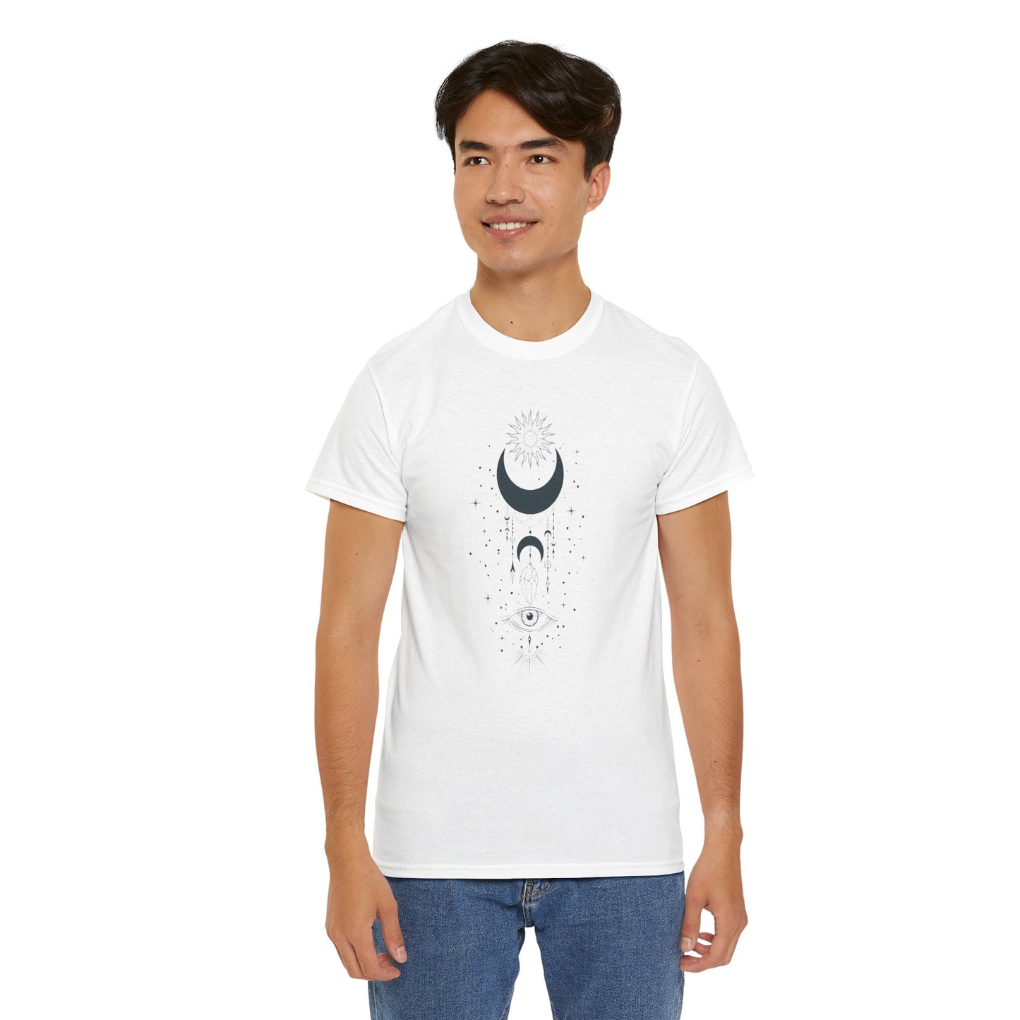 Celestial Moon & Sun Shirt | Boho Mystical Line Art Tee | Spiritual Astrology Gift | Heavy Cotton Unisex Top | Witchy Yoga T-Shirt
