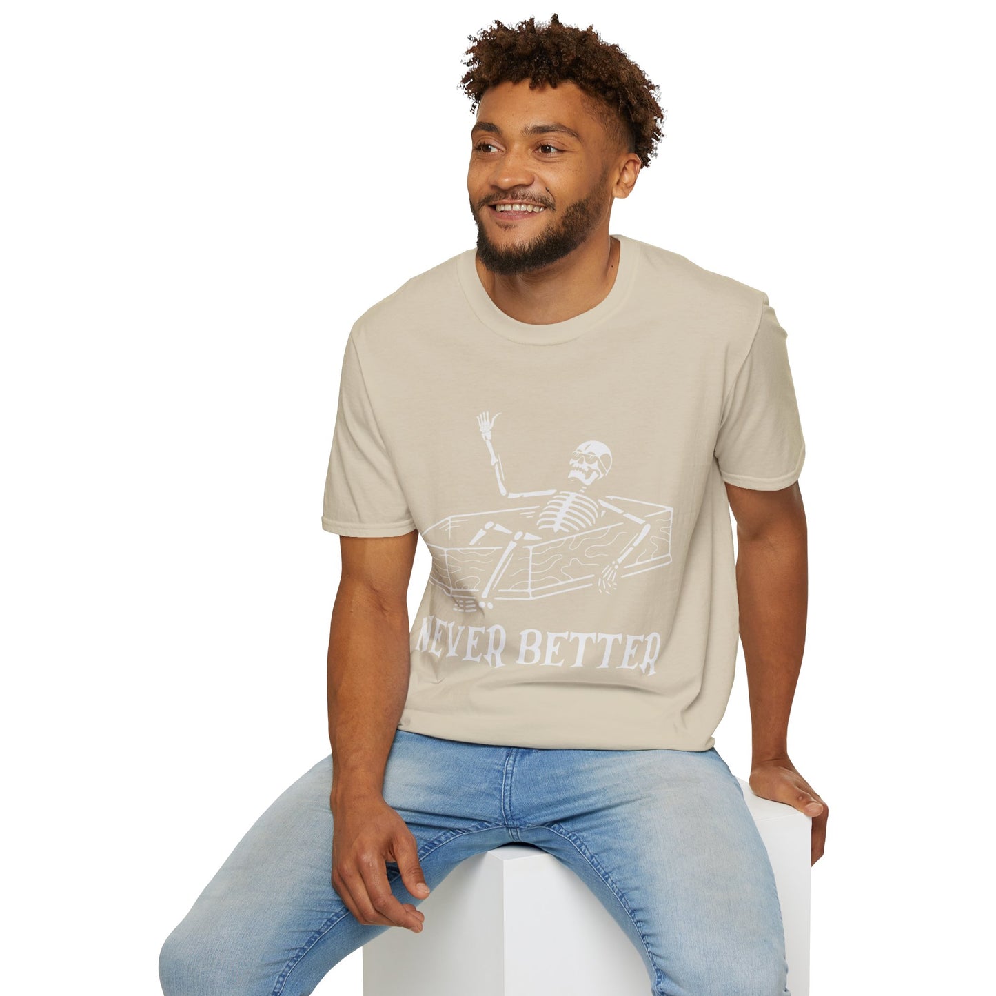 Never Better Skeleton Coffin T‑Shirt – Dark Humor Goth Tee for the Delightfully Dead Inside