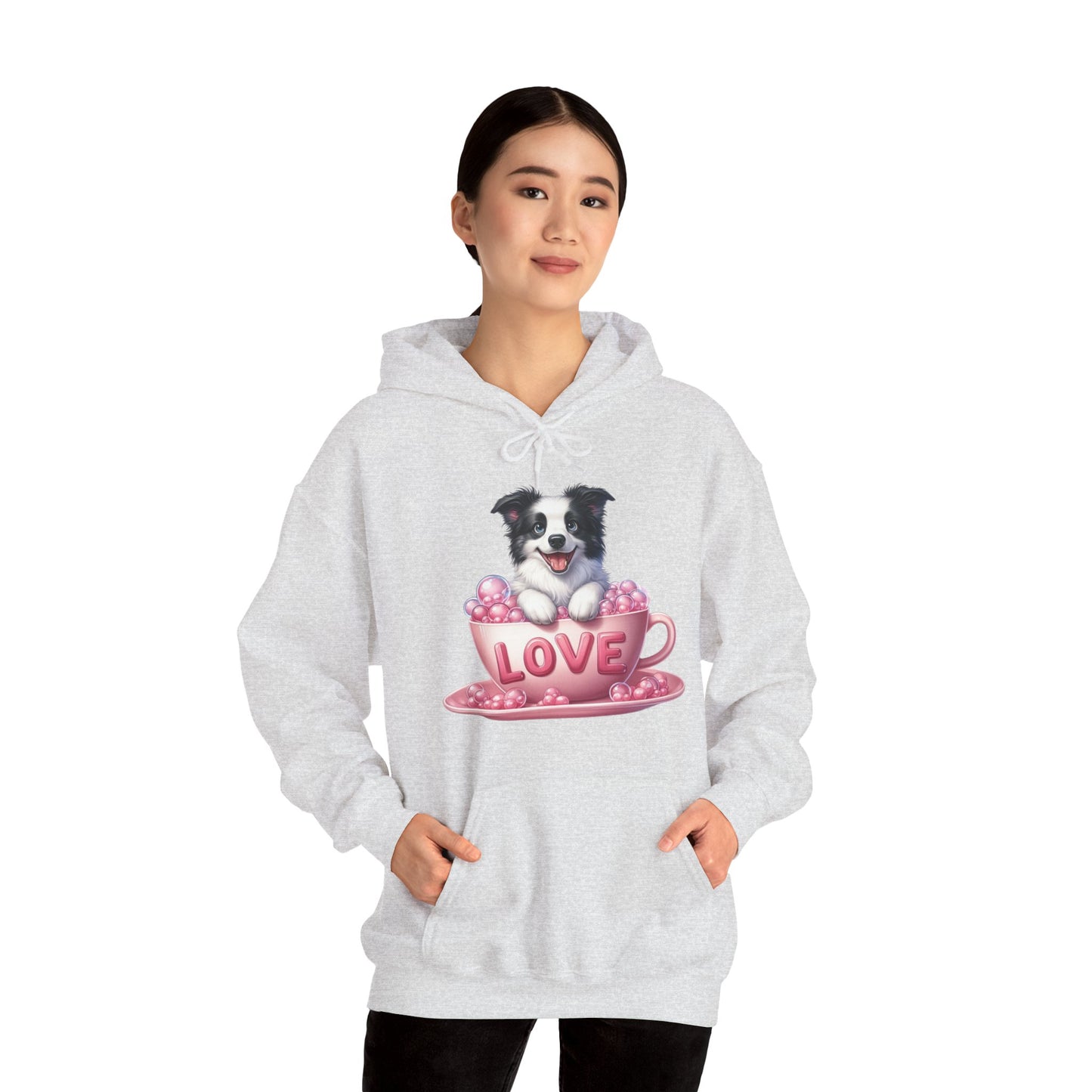 Viral Puppy Love Border Collie Hoodie - Cute Dog in Pink Cup Graphic Unisex Sweatshirt - Adorable Gift for Border Collie Lovers