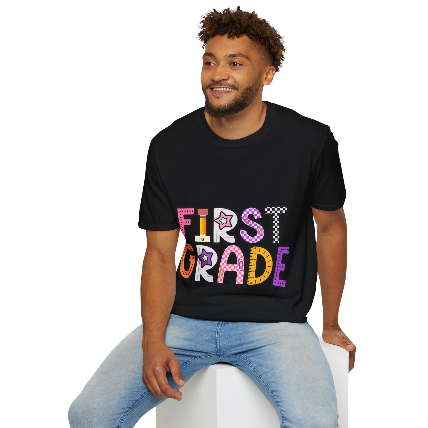 First Grade Shirt | Retro Groovy Teacher Team Tee | Colorful 1st Grade Back to School Outfit | Star Lightning Checkered Gift