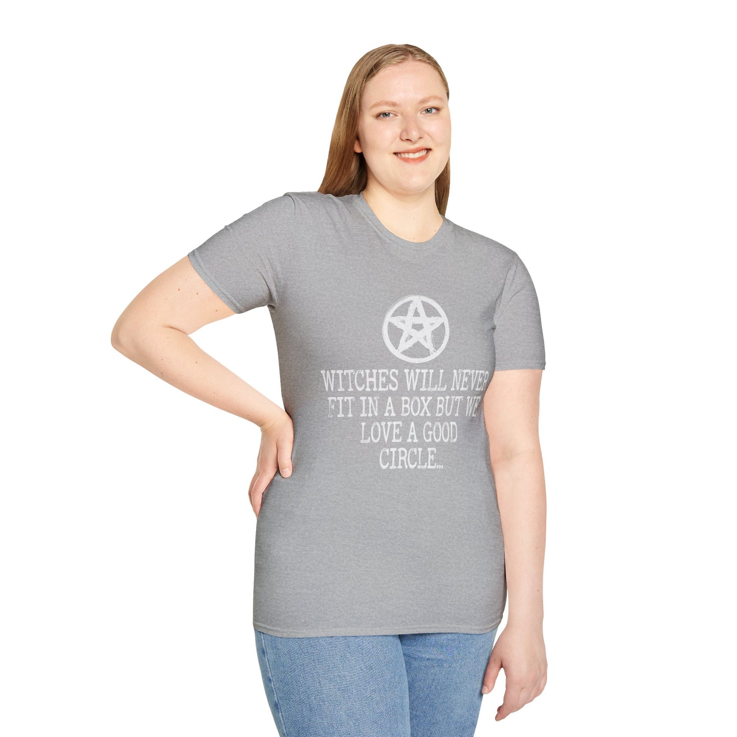 Witches Will Never Fit in a Box – Pentagram Circle Witchy T‑Shirt for Modern Coven Queens