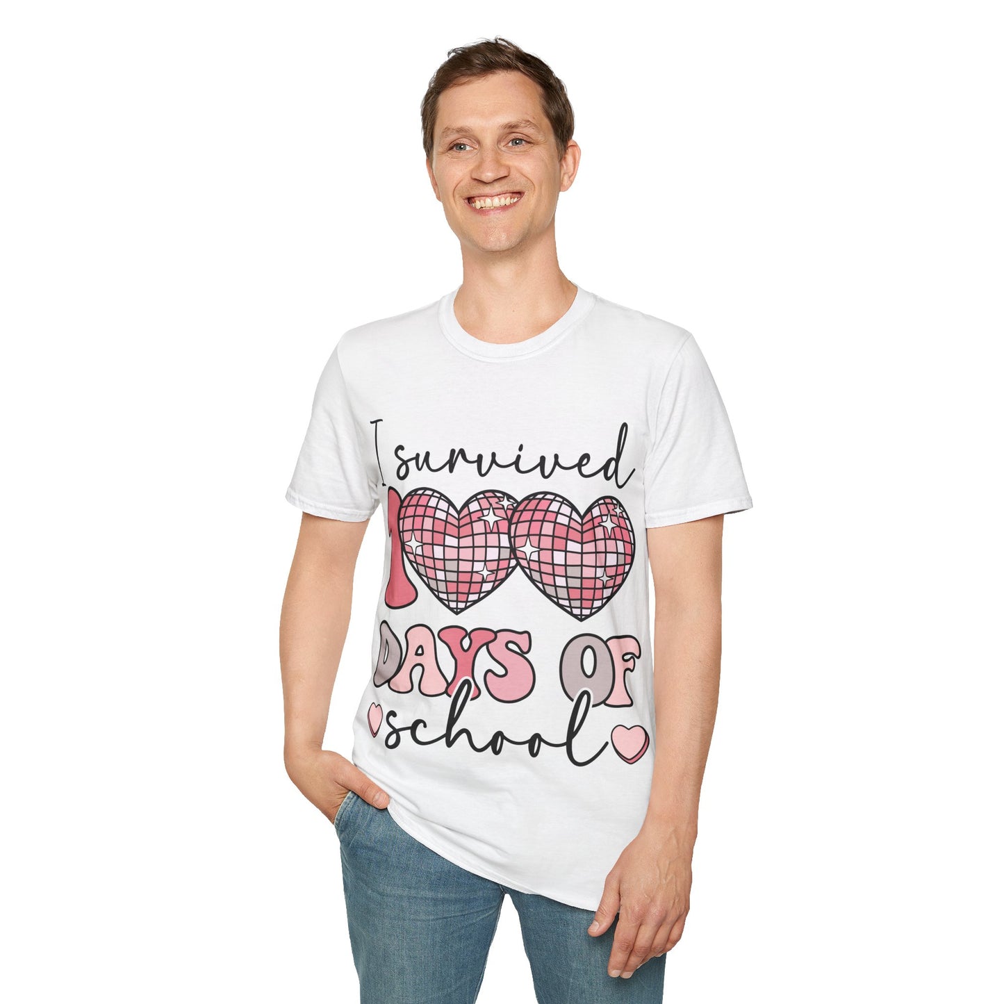 I Survived 100 Days of School Shirt | Funny Retro Disco Heart Tee | Pink 100th Day Teacher Gift | Humorous Student Outfit