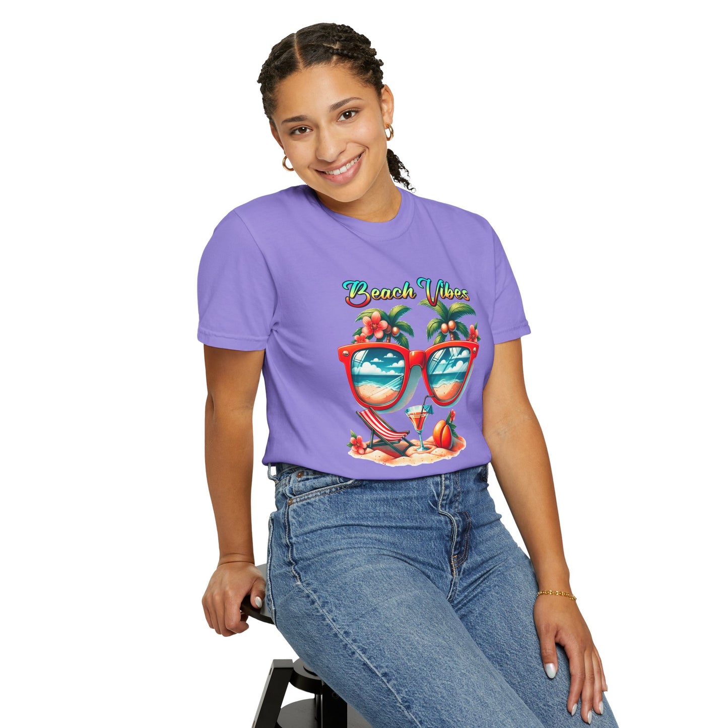 Beach Vibes Graphic Tee – Retro Sunglasses, Palm Trees & Sunset Summer Shirt