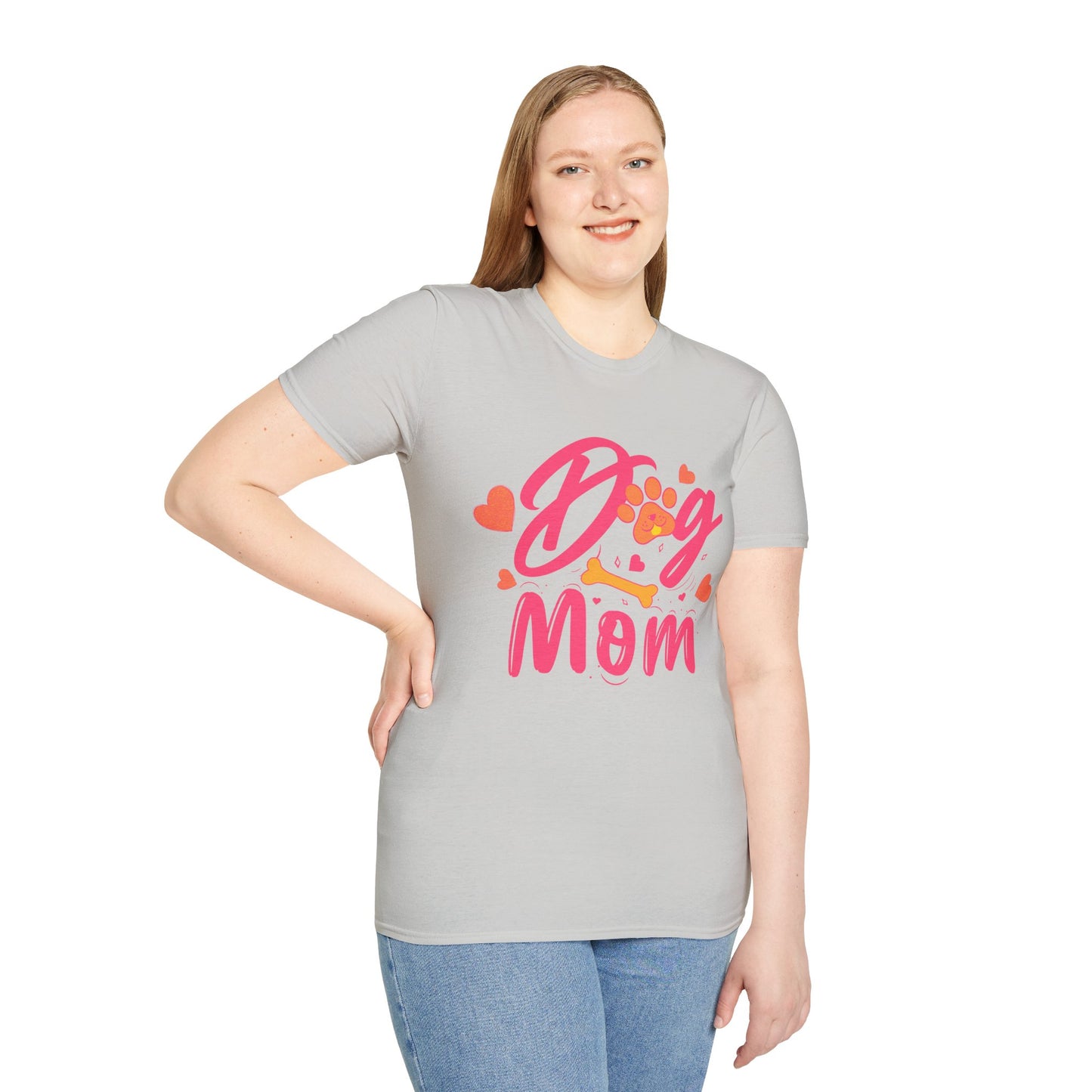 Cute Dog Mom T‑Shirt – Pink Hearts, Paw Print & Bone Graphic for Proud Pup Mamas