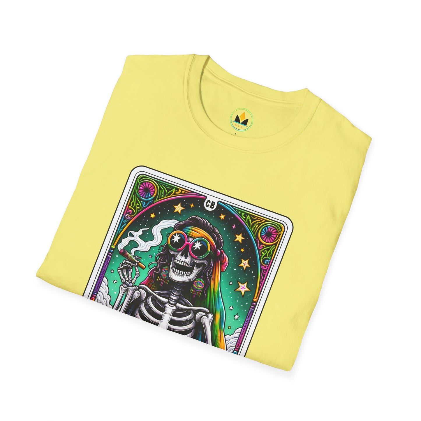 Psychedelic “Cannabitch” Tarot Skeleton T‑Shirt – Trippy Rainbow Weed Art for Stoner Queens