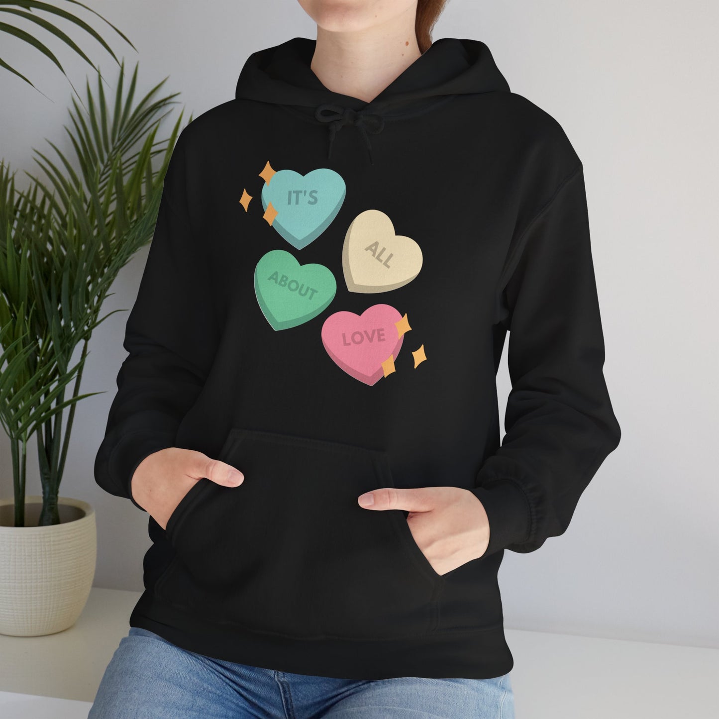 It's All About Love" Pastel Heart Hoodie | Retro Candy Style Sweatshirt | Aesthetic Love Graphic Pullover  Description: