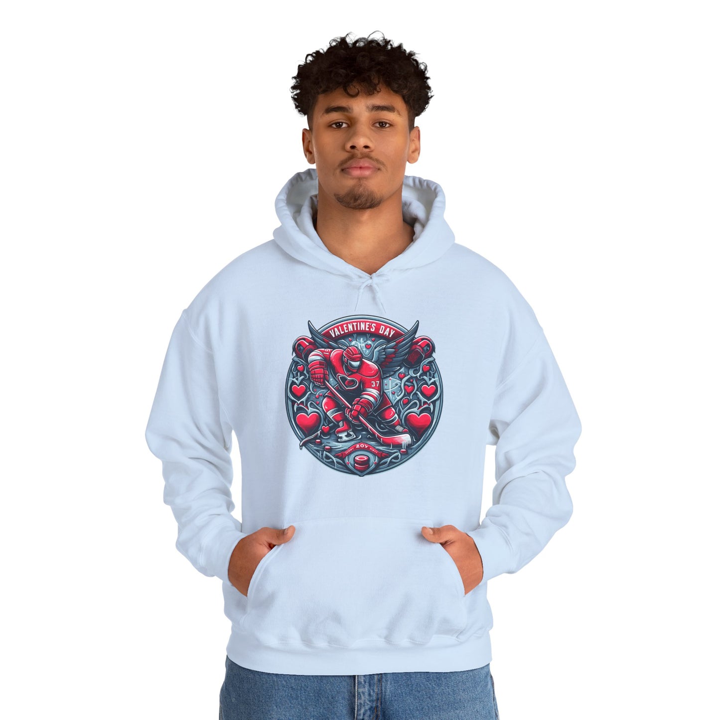 Valentines Day Hockey Hoodie, Romantic Sports Gift, Unisex Heart Hockey Graphic Pullover, Casual Comfortable Sporty Apparel