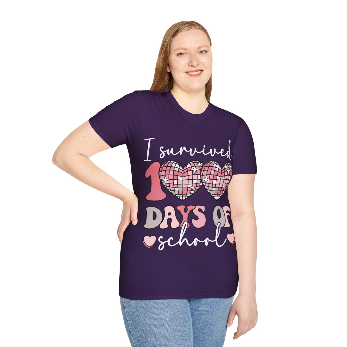 I Survived 100 Days of School Shirt | Funny Retro Disco Heart Black Tee | Groovy Teacher Student Humor Gift