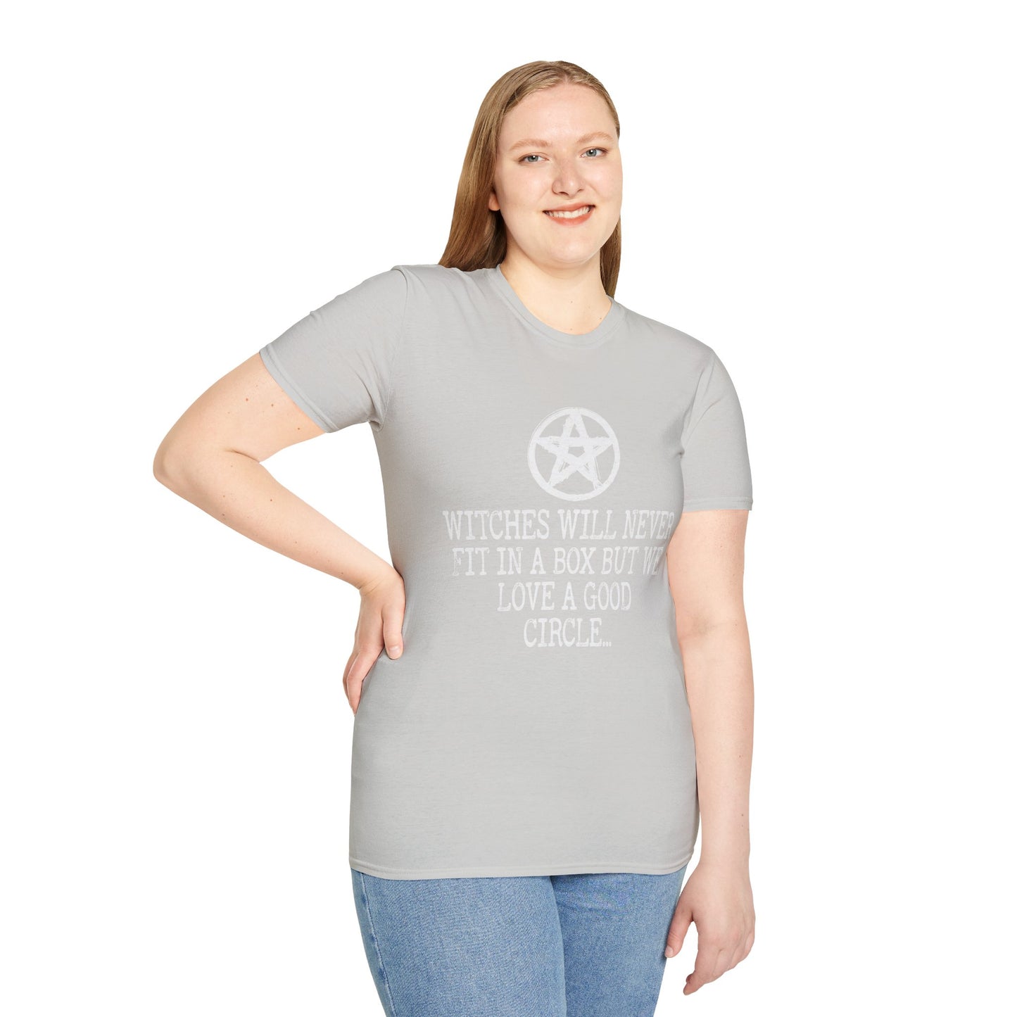 Witches Will Never Fit in a Box – Pentagram Circle Witchy T‑Shirt for Modern Coven Queens