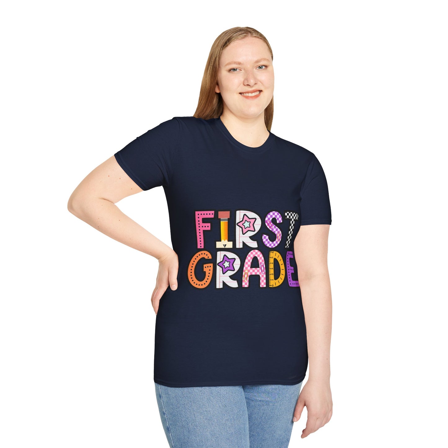 First Grade Shirt | Retro Groovy Teacher Team Tee | Colorful 1st Grade Back to School Outfit | Star Lightning Checkered Gift