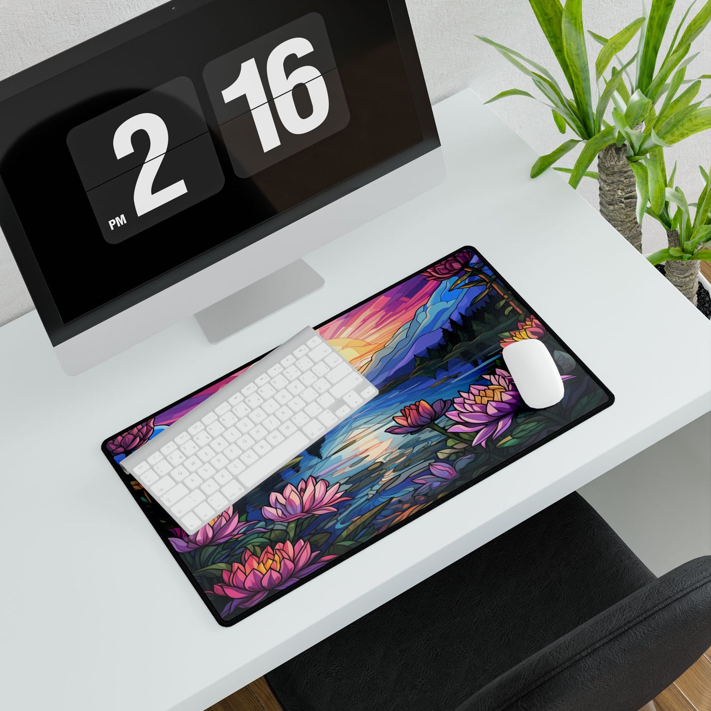 Mountain Sunset Desk Mat | Large Gaming Mouse Pad (24x14) | Lotus Flower Lake Scenery | Non-Slip Rubber Base Office Decor