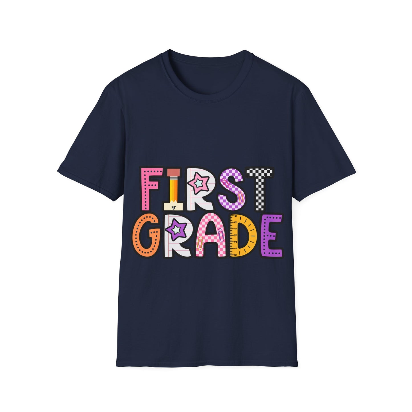 First Grade Shirt | Retro Groovy Teacher Team Tee | Colorful 1st Grade Back to School Outfit | Star Lightning Checkered Gift
