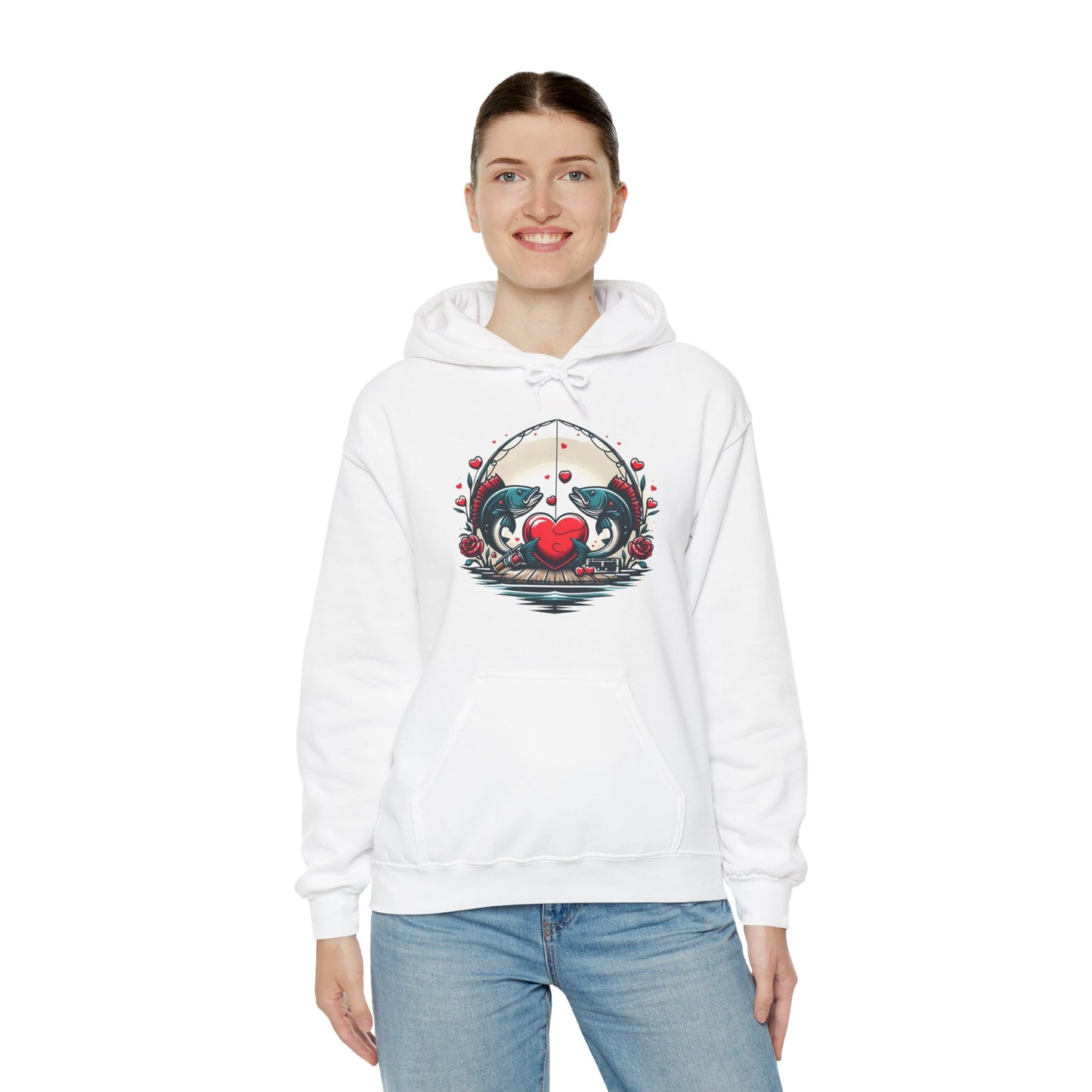 Unique Fish Love Heart Hoodie Unisex Fishing Themed Sweatshirt Graphic Hoodie With Rose Detail Romantic Angler Gift
