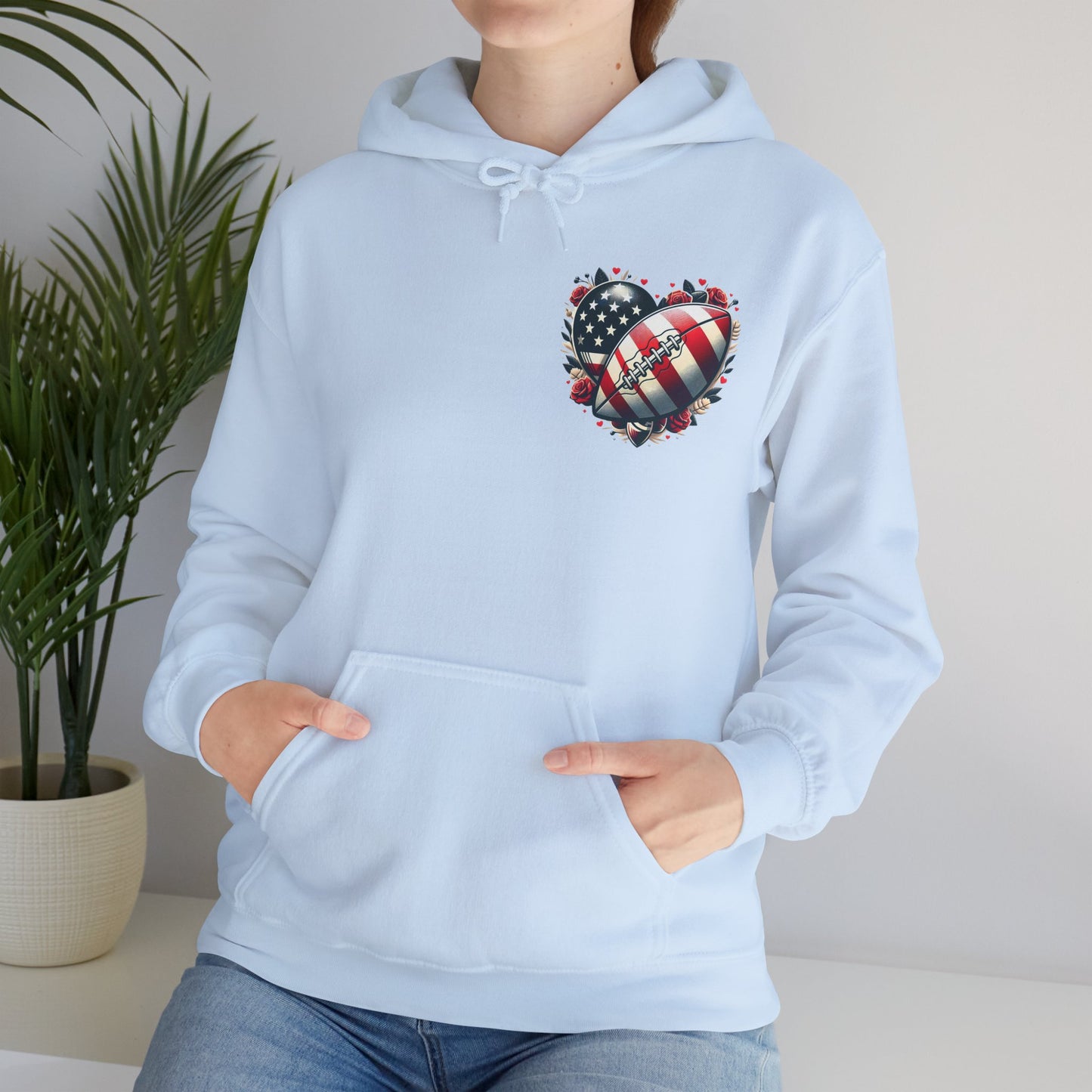 Touchdown Soul: Patriotic American Flag Football Heart Hoodie
