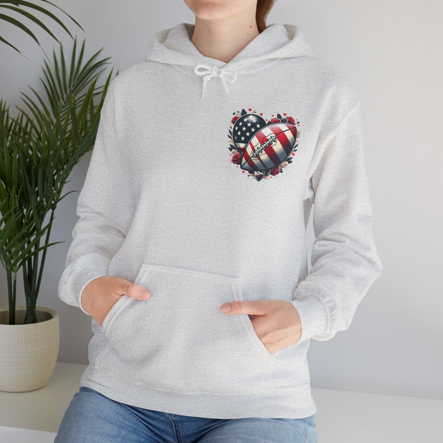 Touchdown Soul: Patriotic American Flag Football Heart Hoodie