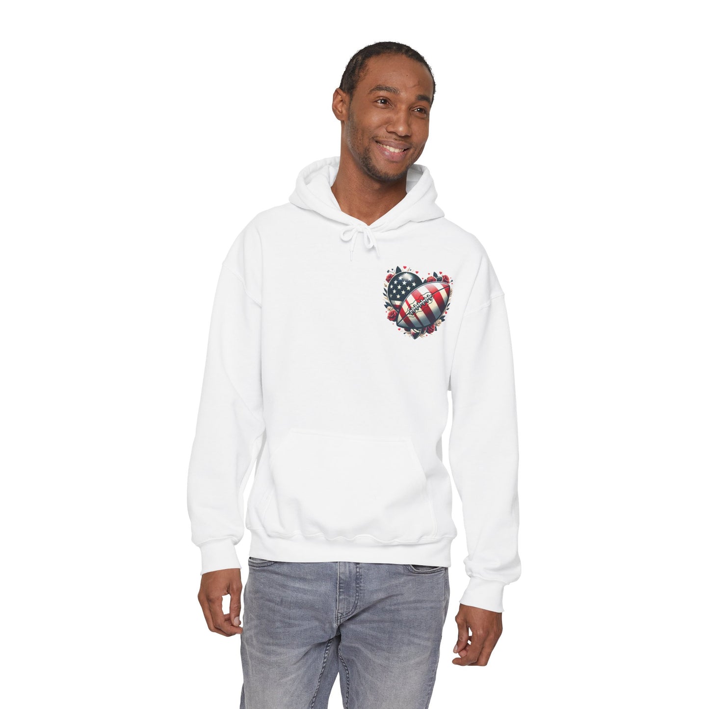Touchdown Soul: Patriotic American Flag Football Heart Hoodie
