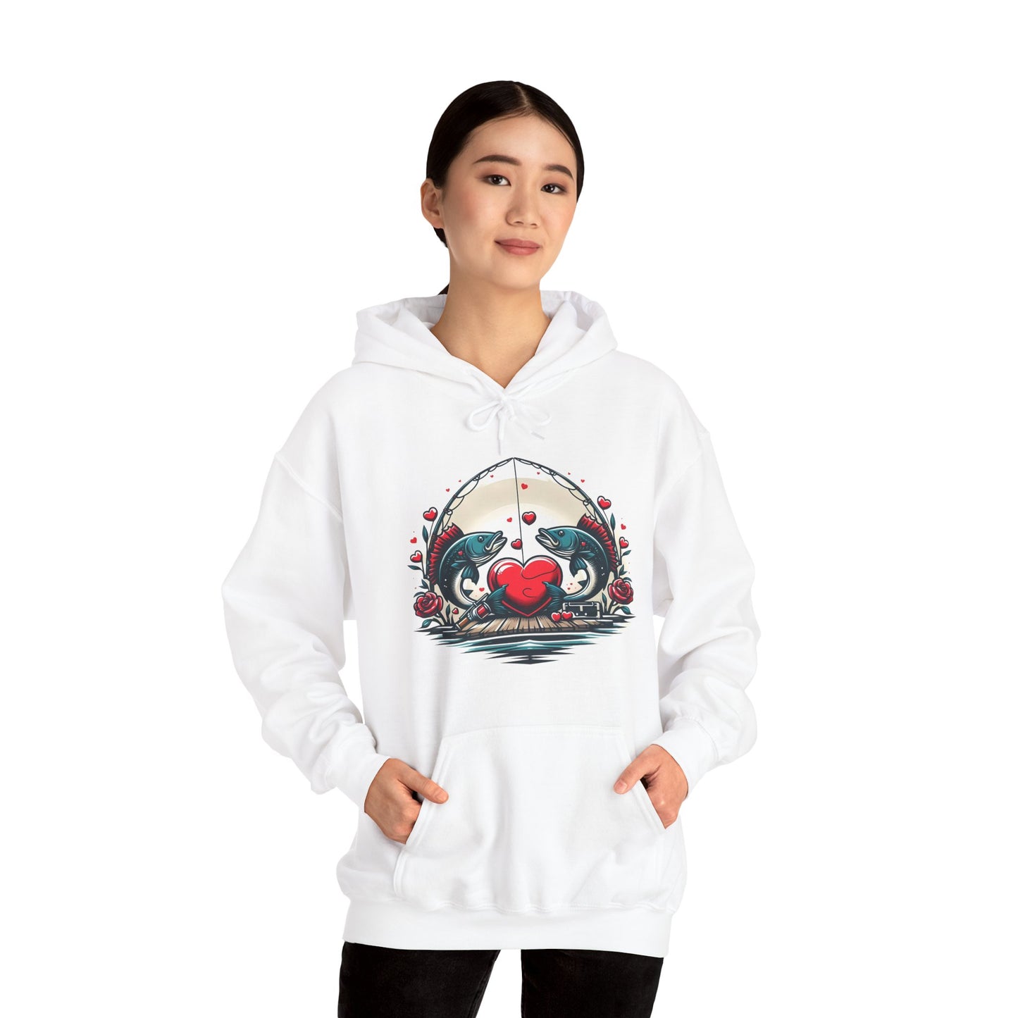 Unique Fish Love Heart Hoodie Unisex Fishing Themed Sweatshirt Graphic Hoodie With Rose Detail Romantic Angler Gift