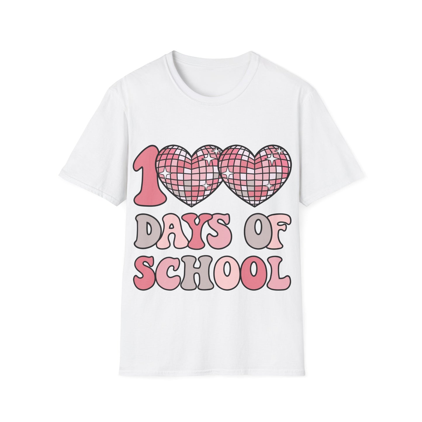 00 Days of School Shirt | Retro Pink Disco Hearts Tee | Vintage Bubble Letter Teacher & Student Top | Soft Ring-Spun Cotton Gift