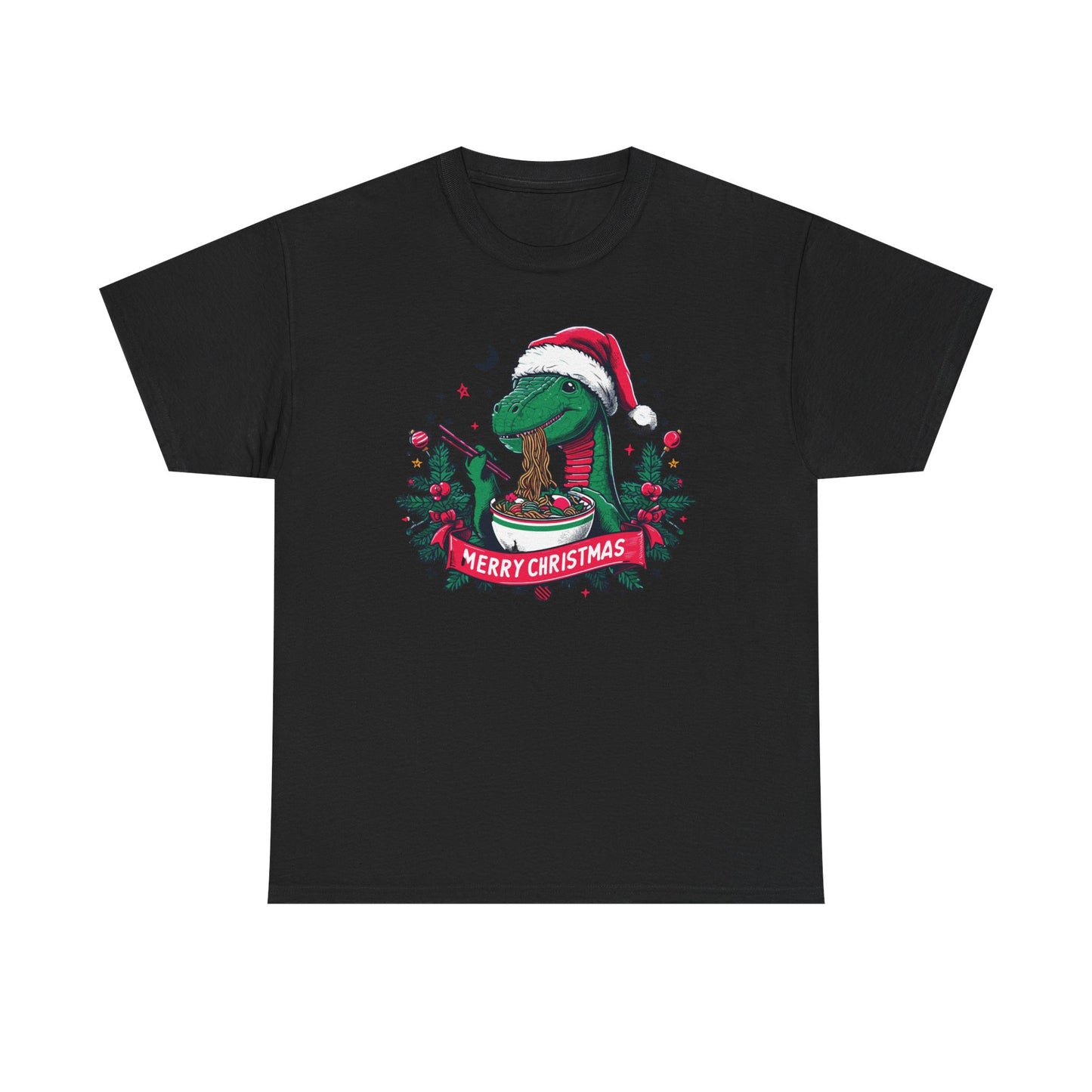 Festive Dinosaur Enjoying Ramen: A Merry Christmas Greetings Unisex Tee