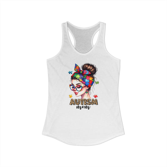 Autism Mom Messy Bun Tank – Colorful Puzzle Pieces, Leopard Print & Neurodiversity Pride