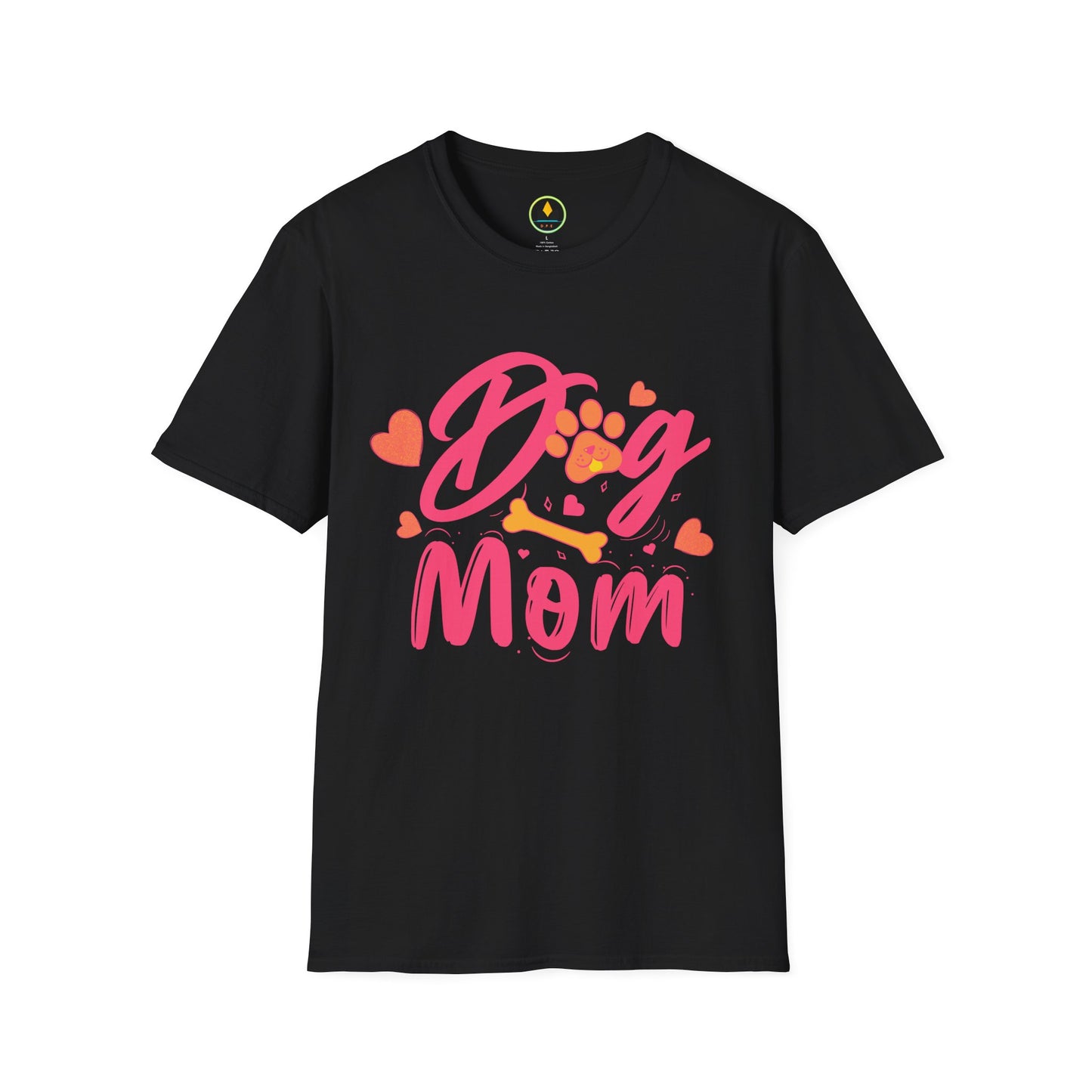 Cute Dog Mom T‑Shirt – Pink Hearts, Paw Print & Bone Graphic for Proud Pup Mamas
