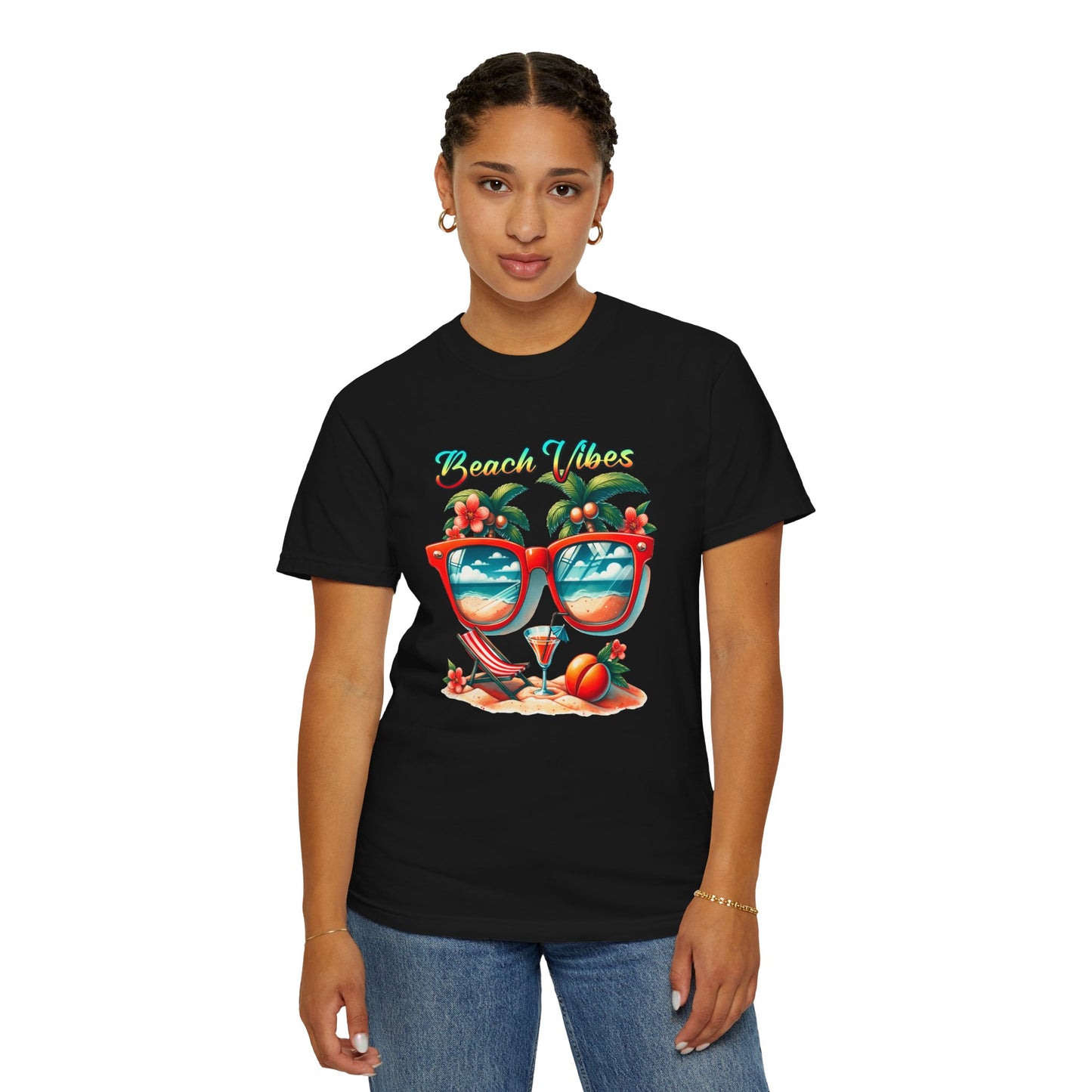 Beach Vibes Graphic Tee – Retro Sunglasses, Palm Trees & Sunset Summer Shirt