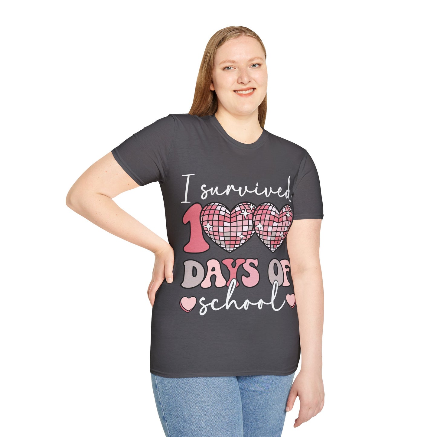 I Survived 100 Days of School Shirt | Funny Retro Disco Heart Black Tee | Groovy Teacher Student Humor Gift