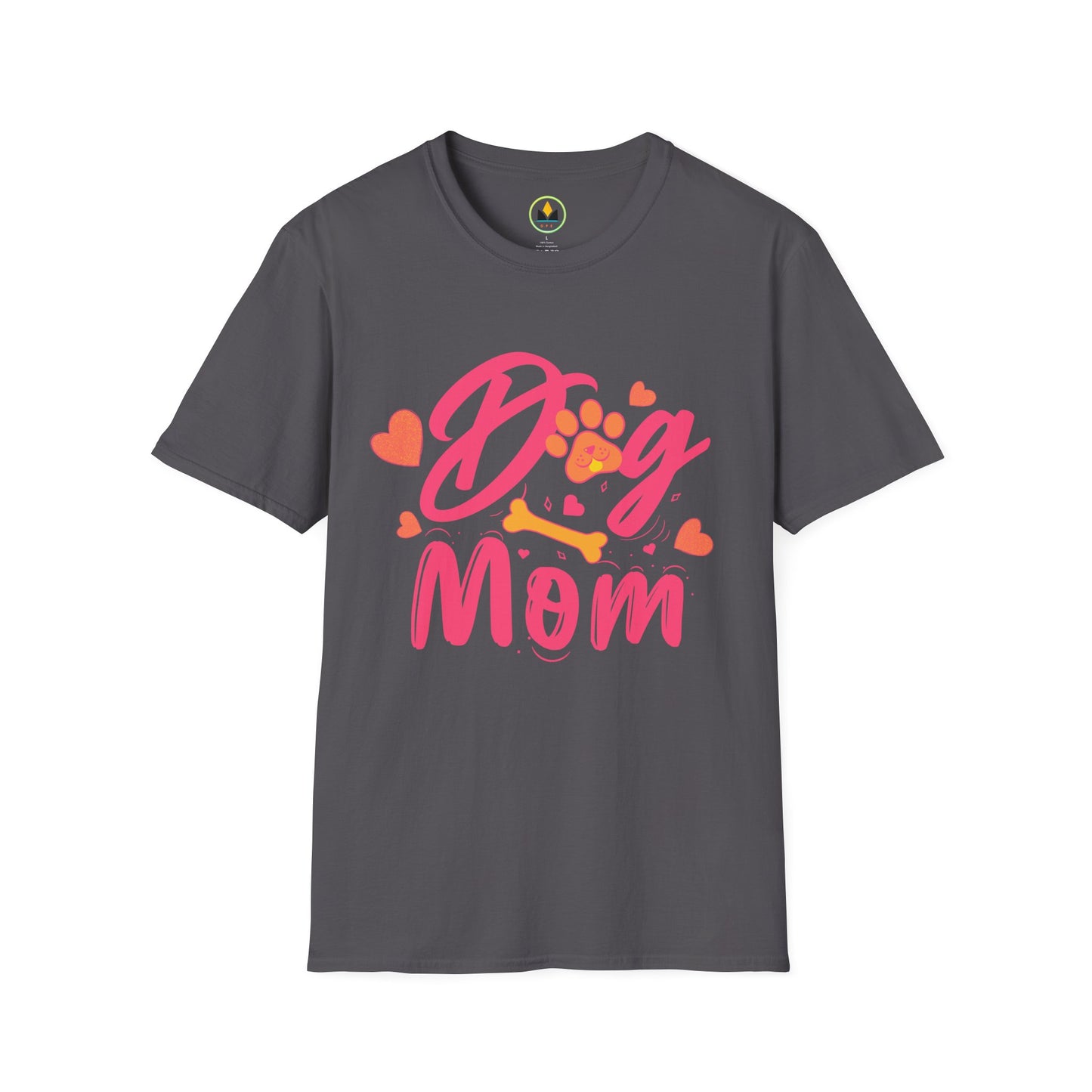 Cute Dog Mom T‑Shirt – Pink Hearts, Paw Print & Bone Graphic for Proud Pup Mamas