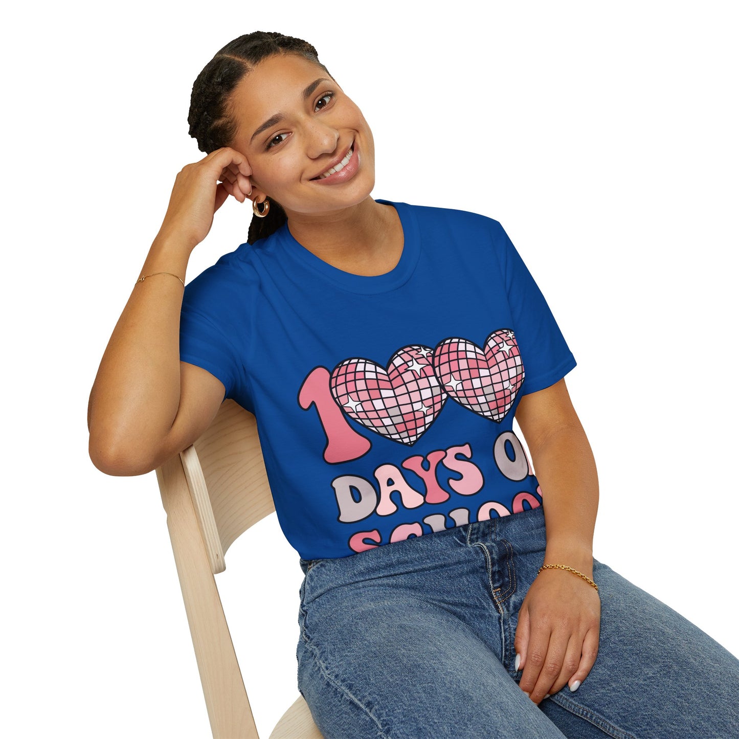00 Days of School Shirt | Retro Pink Disco Hearts Tee | Vintage Bubble Letter Teacher & Student Top | Soft Ring-Spun Cotton Gift