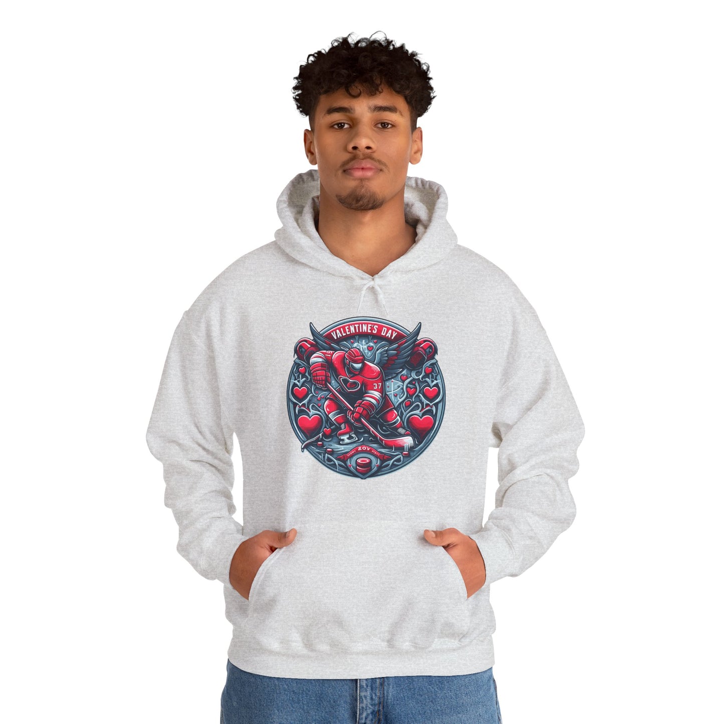 Valentines Day Hockey Hoodie, Romantic Sports Gift, Unisex Heart Hockey Graphic Pullover, Casual Comfortable Sporty Apparel