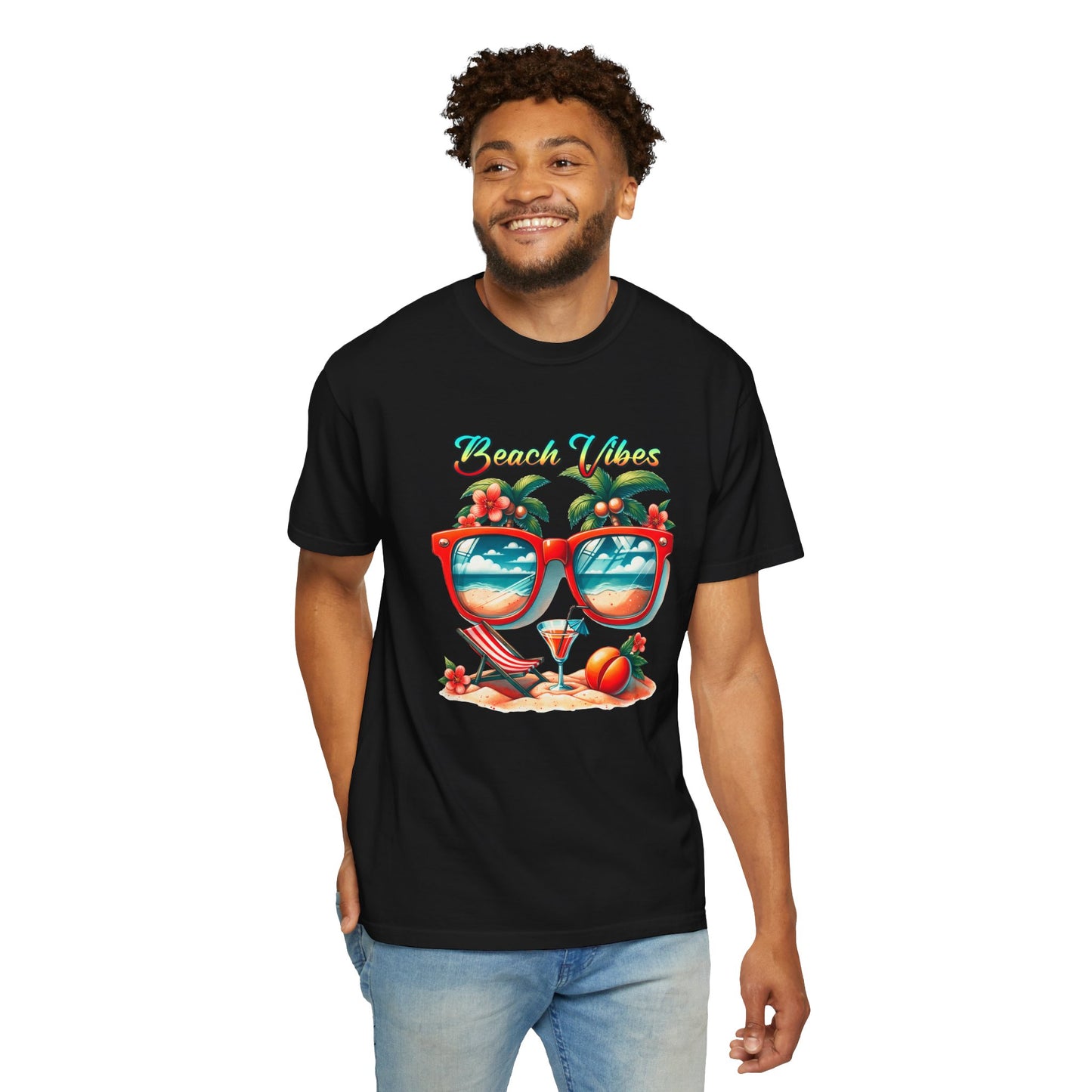 Beach Vibes Graphic Tee – Retro Sunglasses, Palm Trees & Sunset Summer Shirt