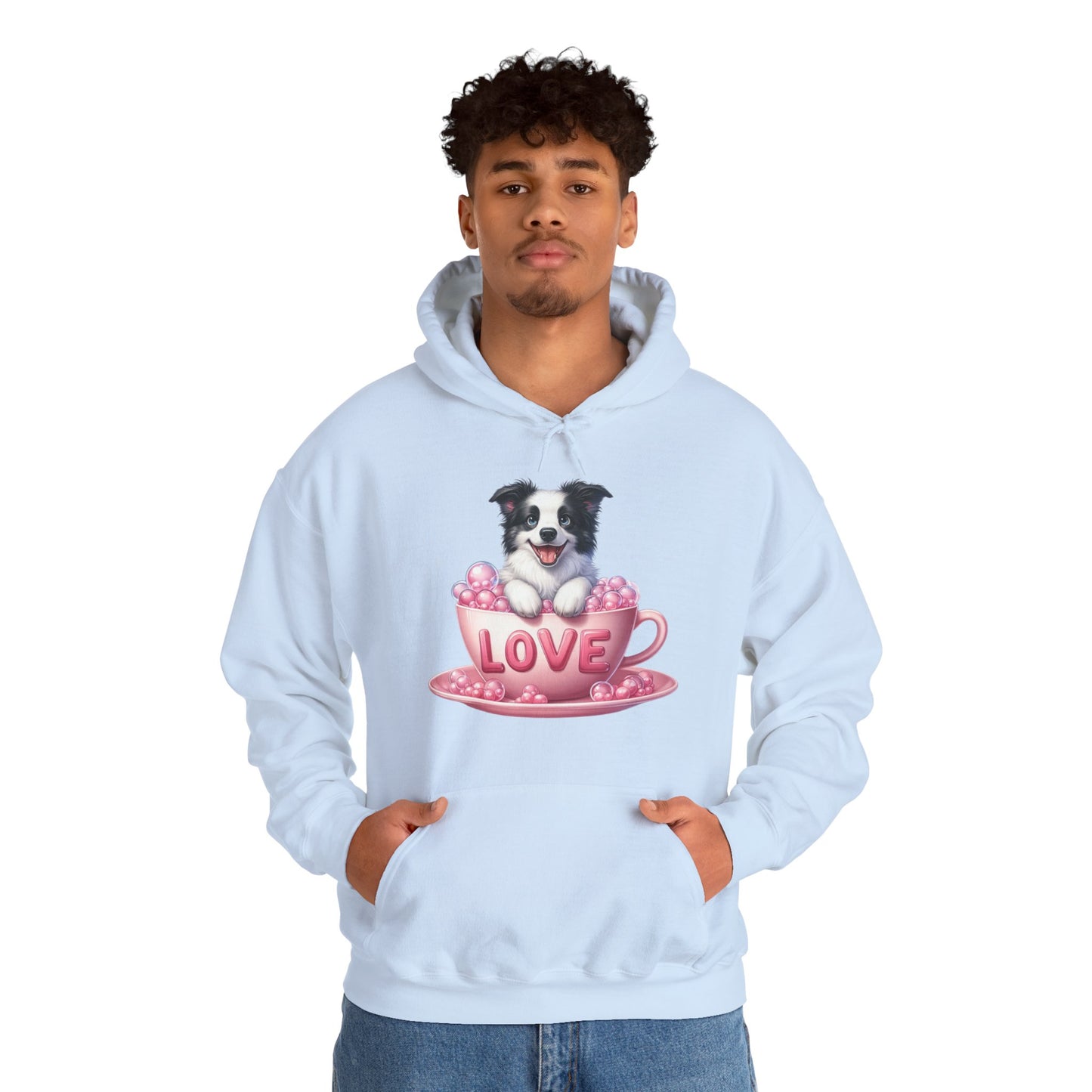 Viral Puppy Love Border Collie Hoodie - Cute Dog in Pink Cup Graphic Unisex Sweatshirt - Adorable Gift for Border Collie Lovers