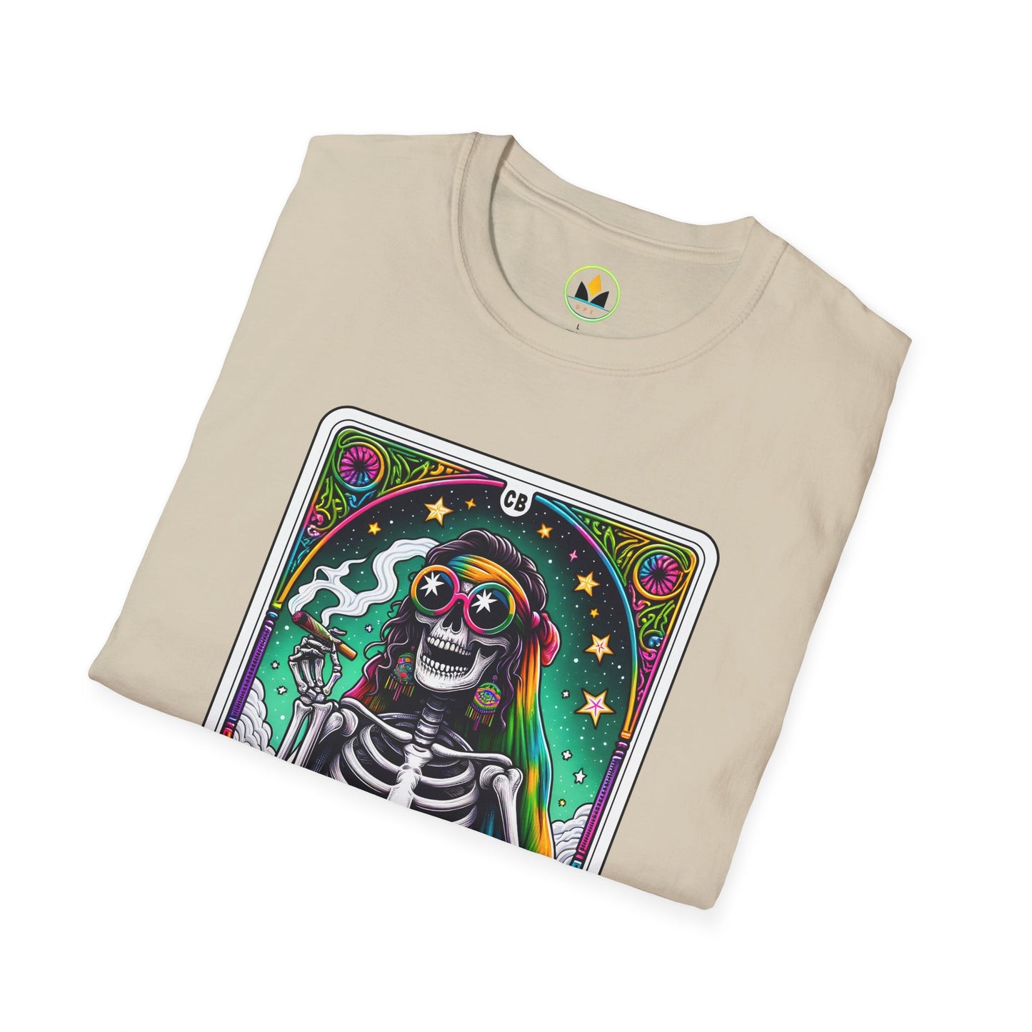 Psychedelic “Cannabitch” Tarot Skeleton T‑Shirt – Trippy Rainbow Weed Art for Stoner Queens