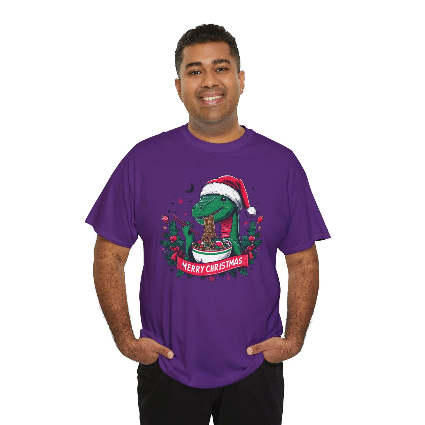 Festive Dinosaur Enjoying Ramen: A Merry Christmas Greetings Unisex Tee