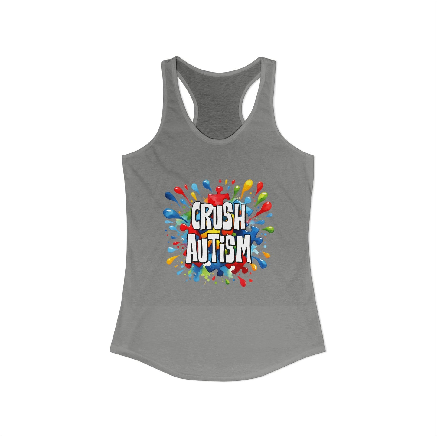 Crush Autism Barriers – Bold Rainbow Splatter Autism Awareness Racerback Tank