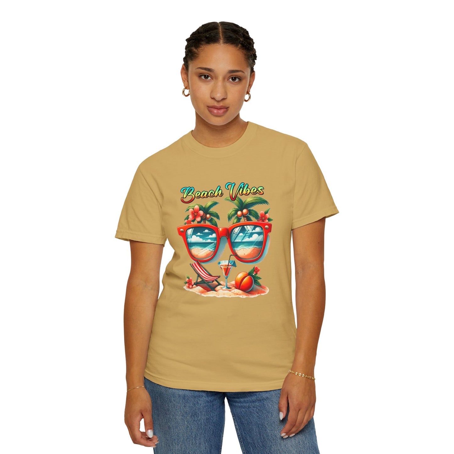 Beach Vibes Graphic Tee – Retro Sunglasses, Palm Trees & Sunset Summer Shirt